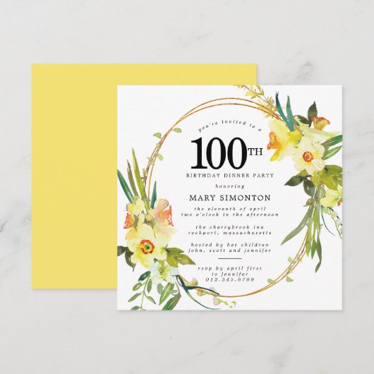 Rustic Daffodil 100th Birthday Dinner Party Kaart (Voorkant / Achterkant)