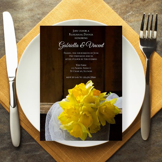 Rustic Daffodils Barn Wedding Rehearsal Dinner Kaart