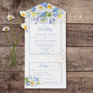 Rustic Daisies & Blue Floral Bouquet No Dinner All In One Uitnodiging