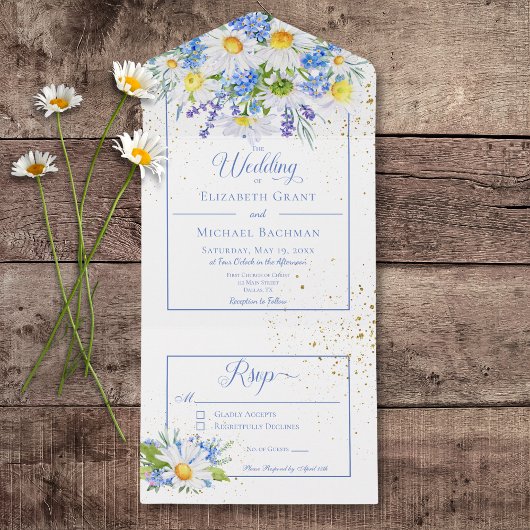 Rustic Daisies & Blue Floral Bouquet No Dinner All In One Uitnodiging