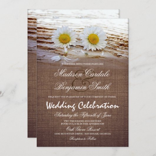 Rustic Daisies Burlap Print Wedding Invitations Kaart (Voorkant / Achterkant)