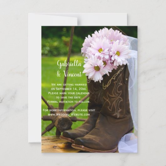 Rustic Daisies Cowboy Boots Wedding Save the Date Magnetische Uitnodiging (Voorkant)