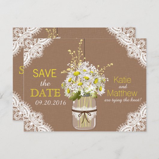 Rustic Daisies en Lace redden de datum Aankondigingskaart (Voorkant / Achterkant)