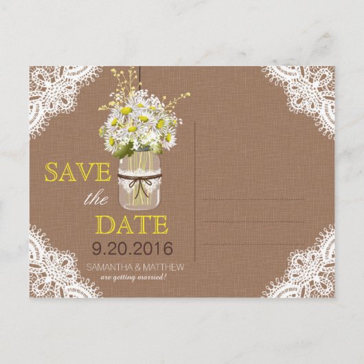 Rustic Daisies en Lace redden de datum Aankondigingskaart (Achterkant)