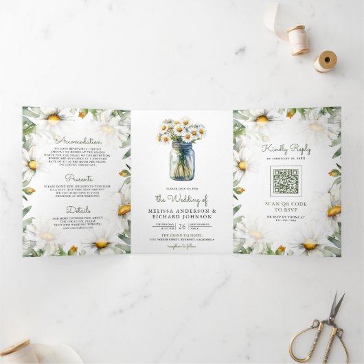 Rustic Daisies Floral Mason Jar QR Code Wedding Drieluik Uitnodiging (Binnen)