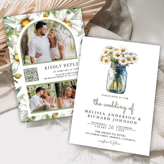 Rustic Daisies Floral Mason Jar QR Code Wedding Kaart