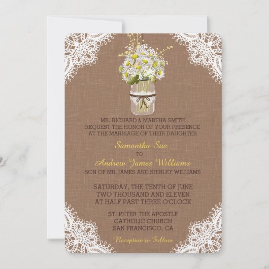Rustic Daisies Mason Jar Lace Wedding Invitation Kaart (Voorkant)