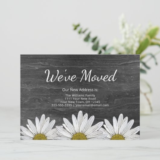 Rustic Daisies New Home Bloemen Grijs Hout Verhuiz Aankondiging (Staand voorkant)