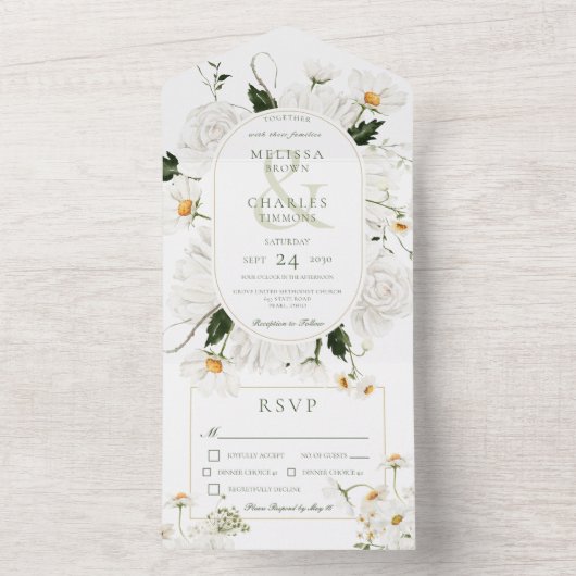 Rustic Daisies & White Flowers Dinner All In One Uitnodiging (Binnen)