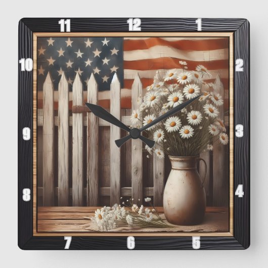 Rustic Daisy Amerikaanse vlag boerderij Vierkante Klok (Voorkant)