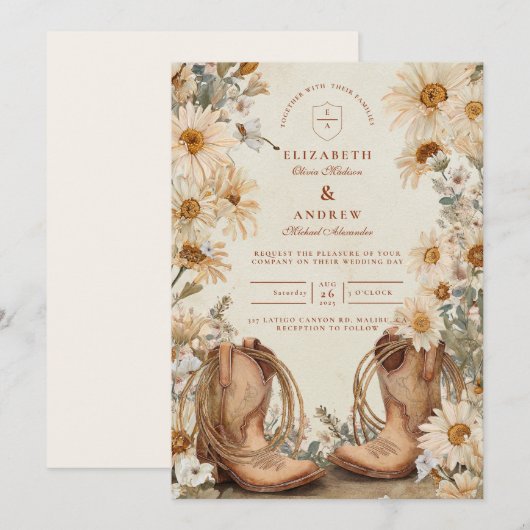 Rustic Daisy Cowgirl Boots Wedding Kaart (Voorkant / Achterkant)