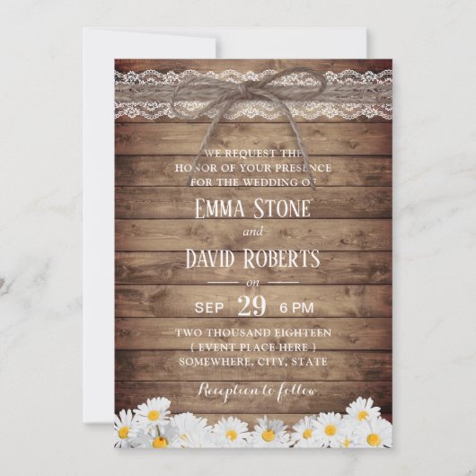 Rustic Daisy Flowers Lace & Twine Wedding Kaart (Voorkant)