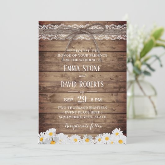 Rustic Daisy Flowers Lace & Twine Wedding Kaart (Staand voorkant)