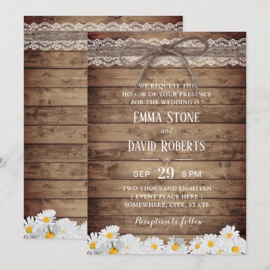 Rustic Daisy Flowers Lace & Twine Wedding Kaart (Voorkant / Achterkant)