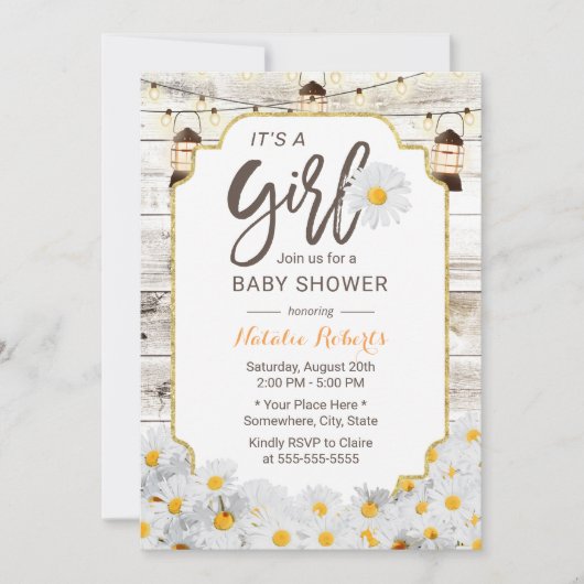 Rustic Daisy Flowers Lantern Girl Baby shower Kaart (Voorkant)