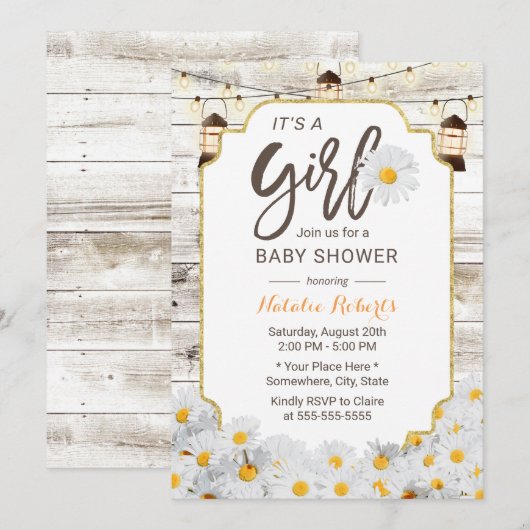 Rustic Daisy Flowers Lantern Girl Baby shower Kaart (Voorkant / Achterkant)