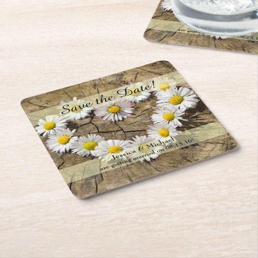 Rustic Daisy Heart Bewaar de datum Kartonnen Onderzetters (Schuin)