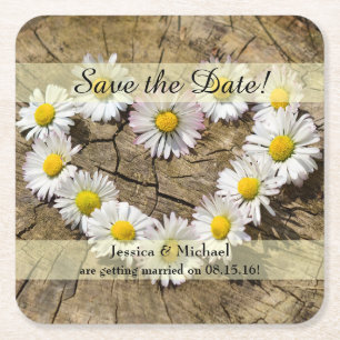 Rustic Daisy Heart Bewaar de datum Kartonnen Onderzetters