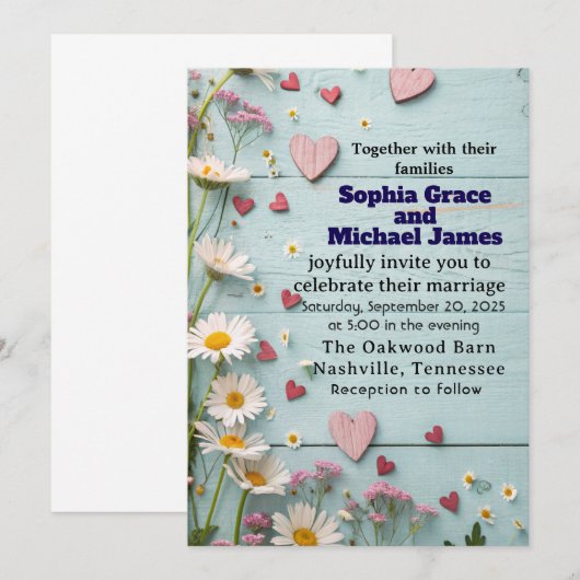 Rustic Daisy & Heart Wedding Uitnodiging (Voorkant / Achterkant)