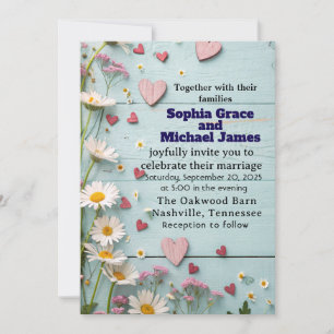 Rustic Daisy & Heart Wedding Uitnodiging