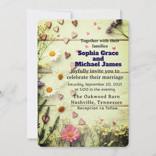Rustic Daisy & Heart Wedding Uitnodiging (Voorkant)
