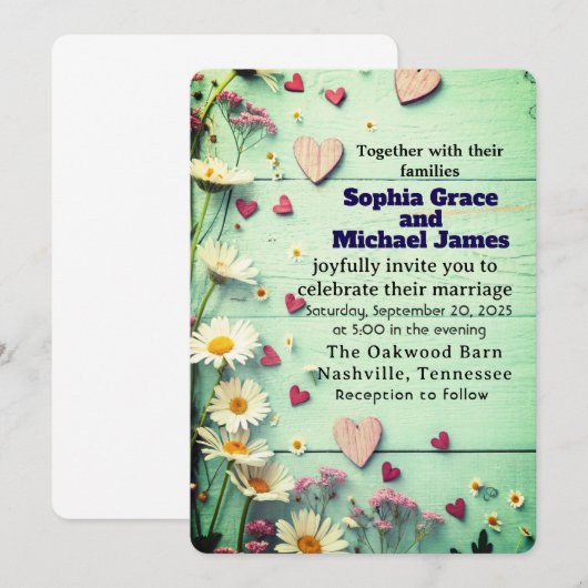 Rustic Daisy & Heart Wedding Uitnodiging (Voorkant / Achterkant)