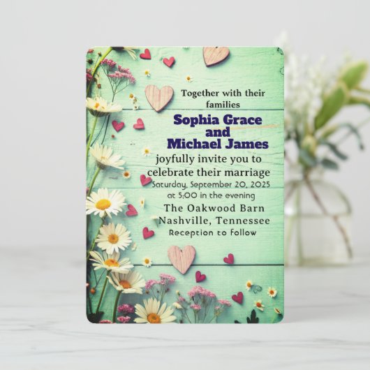 Rustic Daisy & Heart Wedding Uitnodiging (Staand voorkant)