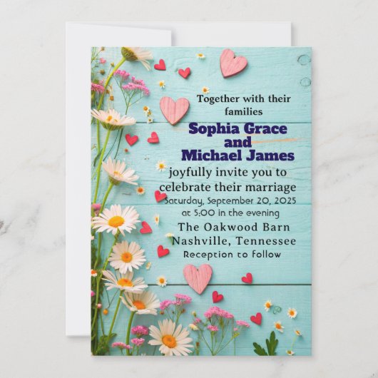 Rustic Daisy & Heart Wedding Uitnodiging (Voorkant)