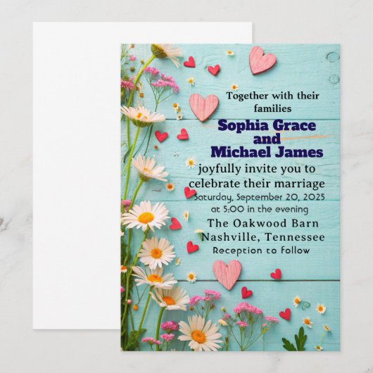 Rustic Daisy & Heart Wedding Uitnodiging (Voorkant / Achterkant)