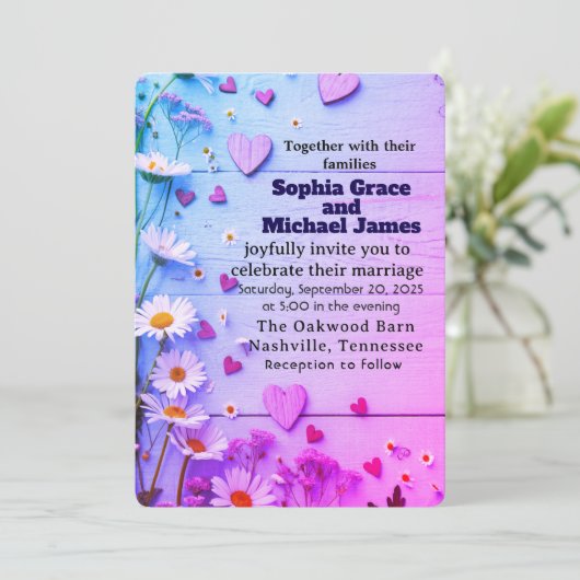 Rustic Daisy & Heart Wedding Uitnodiging (Staand voorkant)