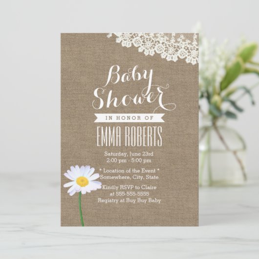Rustic Daisy & Lace Burlap Baby Shower-uitnodiging Kaart (Staand voorkant)