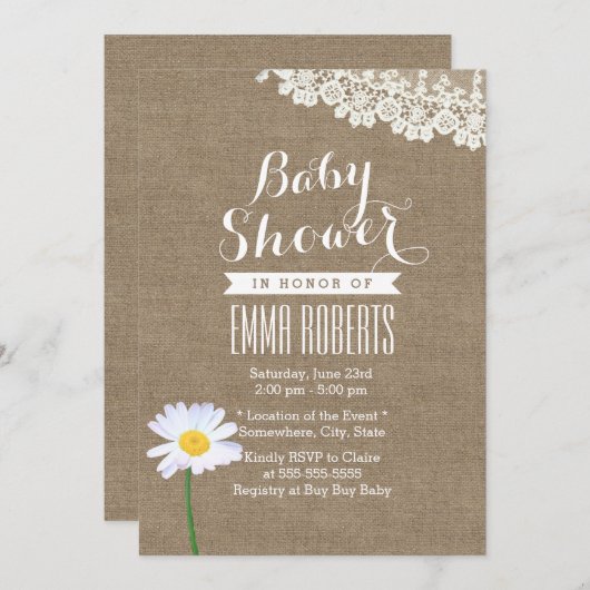 Rustic Daisy & Lace Burlap Baby Shower-uitnodiging Kaart (Voorkant / Achterkant)