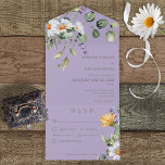 Rustic Daisy & Lavender Floral Paars Dinner All In One Uitnodiging<br><div class="desc">OOK BESCHIKBAAR MET EEN QR-CODE OM IN HET RSVP-GEBIED TE SCAN. Dit delicate ontwerp heeft witte en gele maaltijd met lavendel en eucalyptusgrijs op een lavender paarse achtergrond. Romantisch en casual. Creëer door Simply Farmhouse Press.</div>