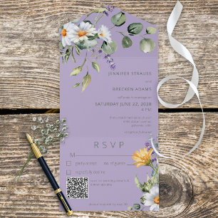 Rustic Daisy & Lavender Floral Paars QR Code All In One Uitnodiging