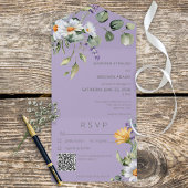 Rustic Daisy & Lavender Floral Paars QR Code All In One Uitnodiging