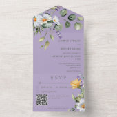 Rustic Daisy & Lavender Floral Paars QR Code All In One Uitnodiging (Binnen)