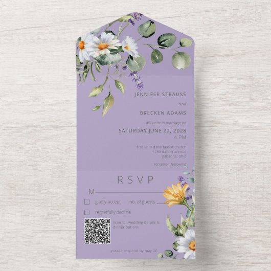 Rustic Daisy & Lavender Floral Paars QR Code All In One Uitnodiging (Binnen)