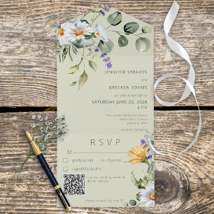 Rustic Daisy Lavender Floral Sage Green QR Code All In One Uitnodiging