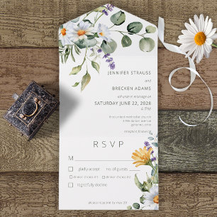 Rustic Daisy & Lavender Floral White Dinner All In One Uitnodiging