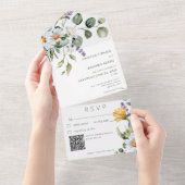 Rustic Daisy & Lavender Floral White QR Code All In One Uitnodiging (Afscheurbaar)