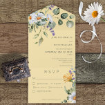 Rustic Daisy & Lavender Floral Yellow Dinner All In One Uitnodiging<br><div class="desc">OOK BESCHIKBAAR MET EEN QR-CODE OM IN HET RSVP-GEBIED TE SCAN. Dit delicate ontwerp heeft witte en gele mazen met lavender en eucalyptusgrijs op een zachte gele achtergrond. Romantisch en casual. Creëer door Simply Farmhouse Press.</div>