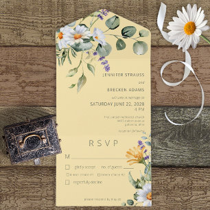 Rustic Daisy & Lavender Floral Yellow Dinner All In One Uitnodiging
