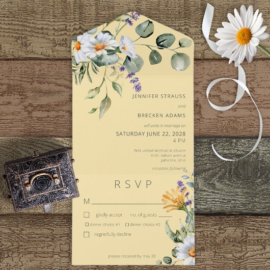 Rustic Daisy & Lavender Floral Yellow Dinner All In One Uitnodiging