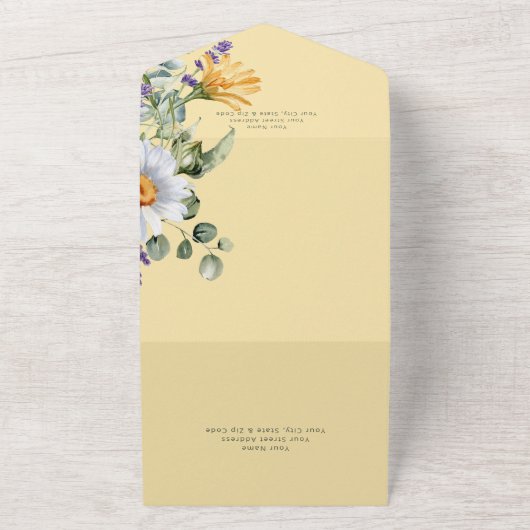 Rustic Daisy & Lavender Floral Yellow QR-code All In One Uitnodiging (Buitenkant)