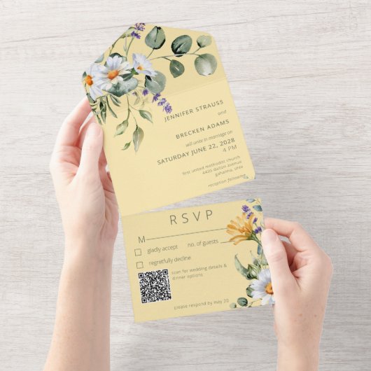 Rustic Daisy & Lavender Floral Yellow QR-code All In One Uitnodiging (Afscheurbaar)