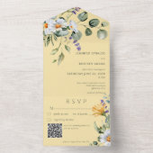 Rustic Daisy & Lavender Floral Yellow QR-code All In One Uitnodiging (Binnen)