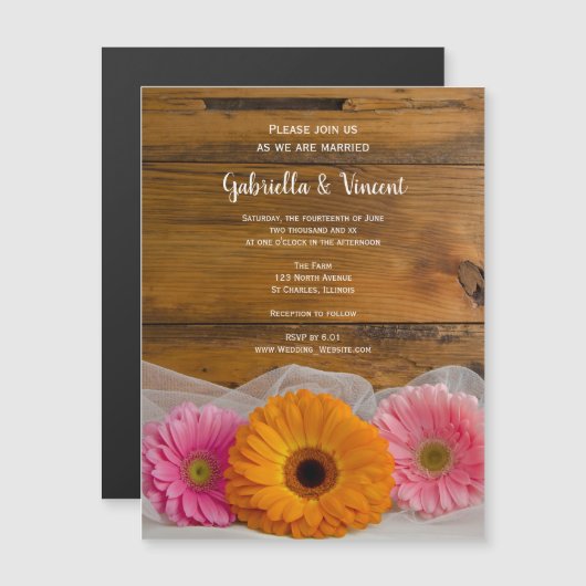 Rustic Daisy Trio Country Barn Wedding Magnetische Uitnodiging (Voorkant / Achterkant)