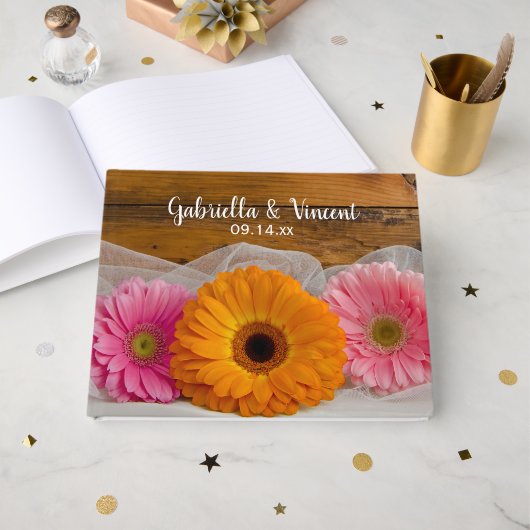 Rustic Daisy Trio en Barn Wood Country Wedding Gastenboek (Voorkant open)