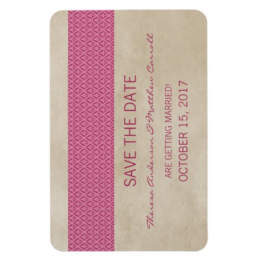 Rustic Damask bewaar de Magneet Datum, Roze (Verticaal)