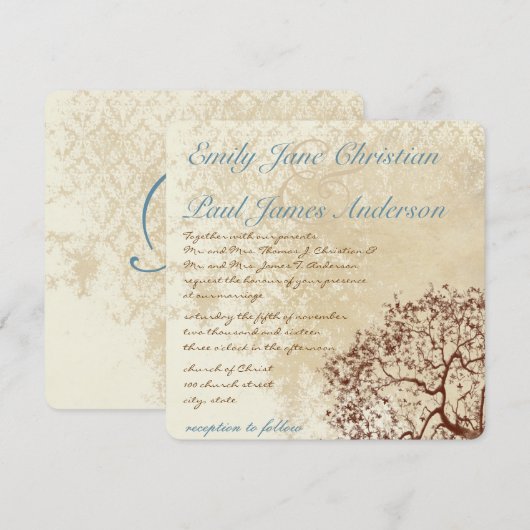 Rustic Damask Brown Tree Blauwgroen Font Wedding I Kaart (Voorkant / Achterkant)